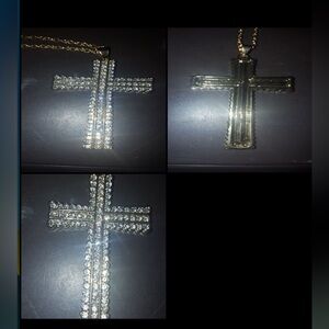 NEW Large Religious GOLD 14KT G.P. ABCrystal CROSS 31”L chain CROSS 3”L x 1.75”W